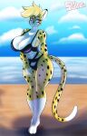 abs anthro beach big_breasts bikini biped blonde_hair breasts cheetah cleavage clothed clothing felid feline female fur hair hi_res mammal seaside solo solratic spots spotted_body spotted_fur standing swimwear yellow_body 