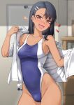  1girl :d bangs black_hair blurry blush breasts brown_eyes cleavage color_guide competition_swimsuit covered_navel dark-skinned_female dark_skin depth_of_field fang groin hair_ornament hairclip ijiranaide_nagatoro-san long_hair looking_at_viewer nagatoro_hayase one-piece_swimsuit open_clothes open_mouth smile solo sweatdrop swimsuit xiangzi_box 