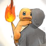  1boy blue_eyes charmander claws commentary_request fangs fire flame fumuna gen_1_pokemon male_focus open_mouth pokemon pokemon_(creature) pokemon_on_back sketch starter_pokemon sweatdrop white_background 