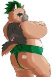  anthro blush butt canid canine canis domestic_dog embarrassed green_hair hair hi_res inunodaidokoro male mammal markings rear_view scar solo sumo_wrestler tokyo_afterschool_summoners topknot video_games yasuyori 