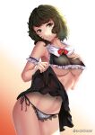  1girl artist_name black_hair black_skirt bow breasts brown_eyes clothes_lift cowboy_shot curly_hair excaliblader gradient gradient_background highres kawakami_sadayo lace-trimmed_panties lace_trim lingerie maid medium_breasts navel panties parted_lips persona persona_5 short_hair skirt skirt_lift solo twitter_username underboob underwear 