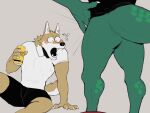  2021 anthro black_clothing black_shirt black_topwear bottomless bottomwear butt canid canine clothed clothing drunk duo fur green_body hi_res k0bit0wani male mammal open_mouth reptile scalie shirt shorts simple_background substance_intoxication topwear white_background white_clothing white_shirt white_topwear 