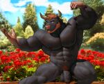  2021 abs absurd_res anthro balls beard biceps big_muscles black_body bovid bovine brown_hair cattle day detailed_background episode0006 facial_hair flaccid flexing flower foreskin genitals hair hi_res horn humanoid_genitalia humanoid_penis male mammal muscular muscular_anthro muscular_male navel nipples nude obliques outside pecs penis plant pubes quads smile solo standing tree uncut 