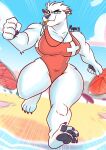  4_toes anthro beach breasts claws cleavage clothed clothing ear_piercing ear_ring feet female fur hi_res makardraws mammal pawpads paws piercing polar_bear seaside solo toe_claws toes umbrella ursid ursine whistle_(object) white_body white_fur wide_hips 