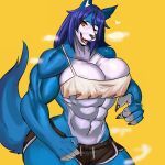  anthro big_breasts blue_body blue_hair breasts canid canine canis cleavage clothed clothing ezzyecchi female hair hi_res hopey mammal muscular muscular_anthro muscular_female simple_background solo were werecanid werecanine werewolf wolf yellow_background 