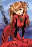  1girl :d absurdres bangs blue_background bodysuit breasts hair_between_eyes highres interface_headset long_hair looking_at_viewer medium_breasts neon_genesis_evangelion official_art open_mouth orange_hair plugsuit red_bodysuit sadamoto_yoshiyuki scan smile solo souryuu_asuka_langley 