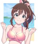  1girl absurdres beach bikini blue_eyes bow breasts brown_hair cleavage closed_mouth collarbone dutch_angle hair_between_eyes hair_bow highres idolmaster idolmaster_million_live! idolmaster_million_live!_theater_days long_hair nanami_com ocean ponytail satake_minako smile solo swimsuit upper_body 
