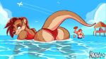  aircraft airplane all_fours anthro brown_body brown_fur brown_hair butt canid canine clothing female fur hair looking_back lutrine makardraws male mammal mustelid one-piece_swimsuit partially_submerged swimwear water wet wet_body 