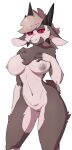  2021 absurd_res anthro areola artbyyellowdog bovid breasts brown_body brown_fur brown_hair caprine caprine_demon chest_tuft demon eyelashes facial_spikes female front_view fur genitals goat goat_demon hair hand_on_breast hi_res horn looking_at_viewer mammal mistel_(capaoculta) nipples nude pinup portrait pose pussy red_sclera simple_background solo spikes spikes_(anatomy) standing three-quarter_portrait tuft white_background 