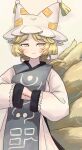  1girl absurdres animal_ears arms_under_breasts blonde_hair blush breasts cowboy_shot dress drop_shadow fox_ears fox_tail green_eyes grey_background hansoku_tantei_satori hat highres large_breasts light_smile multiple_tails pillow_hat short_hair shuu_(sirokumasabu) simple_background solo tabard tail touhou white_dress yakumo_ran 