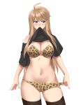  1girl absurdres ahoge animal_print bangs black_legwear blue_eyes bra breasts brown_hair cowboy_shot eyebrows_visible_through_hair highres idolmaster idolmaster_million_live! idolmaster_million_live!_theater_days leopard_print long_hair looking_away medium_breasts navel panties print_bra print_panties simple_background solo swept_bangs thighhighs tokoro_megumi tomid underwear undressing white_background 