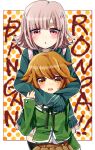  1boy 1girl :d backpack bag bangs black_legwear blush brown_eyes brown_hair brown_skirt copyright_name danganronpa:_trigger_happy_havoc danganronpa_(series) danganronpa_2:_goodbye_despair eyebrows_visible_through_hair fujisaki_chihiro green_jacket green_ribbon hair_ornament hairclip height_difference hood hug jacket light_brown_hair looking_at_viewer medium_hair nanami_chiaki open_mouth pink_eyes pink_hair pleated_skirt polka_dot polka_dot_background ribbon school_uniform skirt smile spaceship_hair_ornament suurin_(ksyaro) upper_teeth 