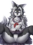  2021 5_fingers anthro bedroom_eyes black_body black_fur blue_eyes bottomwear breasts camel_toe canid canine canis chest_tuft clothed clothing clothing_lift female fingers fluffy fluffy_tail fur hair healingpit hi_res inner_ear_fluff kemono long_hair looking_at_viewer mammal medium_breasts multicolored_body multicolored_fur narrowed_eyes panties presenting school_uniform seductive shirt simple_background sitting skirt skirt_lift snout solo spread_legs spreading topwear tuft two_tone_body two_tone_fur underwear uniform white_background white_body white_fur wolf 