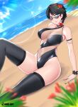  1girl absurdres bayonetta bayonetta_(character) bayonetta_2 beach black_hair blue_eyes breasts cleavage earrings glasses highres jewelry kaos_artgx large_breasts lips lipstick looking_at_viewer makeup mole mole_under_mouth short_hair smile solo swimsuit weapon 