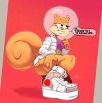  absurd_res anthro breasts clothing dialogue female footwear hi_res kneeling mammal nickelodeon on_one_knee rodent sandy_cheeks sciurid shoes sixsidesofmyhead solo spongebob_squarepants tree_squirrel 