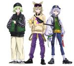  3girls adapted_costume alternate_costume bangs beige_pants black_headwear blonde_hair blue_eyes blue_headwear breasts clothes_writing denim eyewear_on_head ghost_tail green_eyes green_hair green_sweater grey_hair hat headphones headphones_around_neck highres hood hoodie jacket jeans jichou_senshi lightning_bolt_symbol long_hair medium_hair mononobe_no_futo multicolored multicolored_clothes multiple_girls pants pointy_hair ponytail purple_pants ritual_baton shirt shoes short_hair sleeves_past_fingers sleeves_past_wrists small_breasts sneakers socks soga_no_tojiko sweater sword touhou toyosatomimi_no_miko vest weapon yellow_eyes yellow_hoodie yellow_shirt 