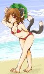  1girl ;) animal_ears arm_behind_back barefoot beach bikini breasts brown_hair cat_ears cat_tail chen cloud day dutch_angle full_body hanabi_(karintou15) hand_up hat horizon jewelry leaning_forward mob_cap multiple_tails nekomata one_eye_closed outdoors red_eyes short_hair single_earring small_breasts smile solo swimsuit tail touhou two_tails water 