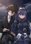  1boy 1girl amamiya_ren black_hair blue_eyes blue_hair blush brown_hair cape daru embarrassed fingerless_gloves fire_emblem fire_emblem_awakening glasses gloves highres jacket long_hair lucina_(fire_emblem) night persona persona_5 school_uniform short_hair shuujin_academy_uniform sleeping smile super_smash_bros. tiara 