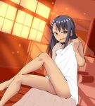  1girl :d black_hair blush brown_eyes classroom commentary cover cover_page crossed_legs dark-skinned_female dark_skin doujin_cover doujinshi dusk dutch_angle english_commentary english_text fang feet_out_of_frame geewhy hair_ornament hairclip ijiranaide_nagatoro-san indoors long_hair long_legs nagatoro_hayase naked_sheet open_mouth petite reward_available sitting smile smug solo straight_hair toga 