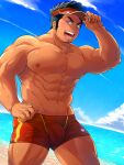  1boy abs bara bare_pectorals beach black_hair bulge commentary_request cowboy_shot day facial_hair flaccid hand_on_hip highres large_pectorals lifeguard long_sideburns looking_at_viewer male_focus male_swimwear mature_male muscular muscular_male navel nipples ocean original pectorals red_headwear red_male_swimwear reward_available short_hair sideburns smile solo stomach stubble swim_trunks thick_thighs thighs tptptpn wet 