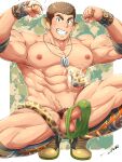  1boy abs animal_ears bara biceps blush briefs character_request dark-skinned_male dark_skin dog_tags erection erection_under_clothes flexing green_male_underwear highres jaguar_boy jaguar_ears jaguar_tail large_pectorals long_sideburns looking_at_viewer male_focus male_pubic_hair male_underwear muscular muscular_male navel nipples pectorals penis pose pubic_hair shoes short_hair sideburns solo sparkle squatting stomach tail thick_thighs thighs tokyo_houkago_summoners tptptpn underwear underwear_removed veins wrestling_outfit 