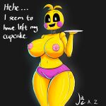  1:1 2020 a_z_artist absurd_res animatronic anthro areola avian big_breasts bird black_background black_sclera bottomwear breasts chicken clothing dialogue digital_media_(artwork) english_text eyebrows female five_nights_at_freddy&#039;s five_nights_at_freddy&#039;s_2 galliform gallus_(genus) glistening glistening_body hi_res holding_object holding_plate looking_at_viewer machine metallic_body navel nipples non-mammal_breasts open_mouth phasianid pink_areola pink_clothing pink_nipples pink_underwear robot simple_background solo standing teeth text toy_chica_(fnaf) underwear video_games white_eyes wide_hips yellow_body 