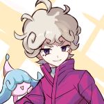  1boy ahoge bangs bede_(pokemon) blonde_hair coat creature curly_hair eyelashes gen_8_pokemon hatenna looking_at_viewer male_focus parted_lips pokemon pokemon_(creature) pokemon_(game) pokemon_on_arm pokemon_swsh popped_collar purple_coat short_hair sketch smile tpi_ri upper_body 