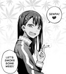  1girl :d drugs ear_clip earrings fang fingernails from_side geewhy greyscale hair_ornament hairclip highres holding ijiranaide_nagatoro-san jacket jewelry joint_(drug) long_hair looking_at_viewer looking_to_the_side monochrome nagatoro_hayase open_mouth school_uniform smile smoke smoking solo stud_earrings track_jacket 