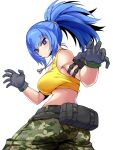 1girl ammunition_pouch armlet ass attack bare_shoulders blue_eyes blue_hair breasts camouflage camouflage_pants commentary_request dog_tags earrings gloves highres jewelry kara_age leona_heidern looking_at_viewer midriff pants paw_pose ponytail pouch sideboob simple_background sleeveless solo tank_top the_king_of_fighters the_king_of_fighters_xiv the_king_of_fighters_xv twisted_torso white_background yellow_tank_top 