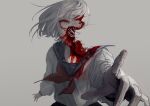  1girl bangs blood blood_on_face bloody_clothes bone broken_bone facing_viewer grey_background grey_hair grey_shirt guro highres long_sleeves neckerchief open_mouth original pointing pointing_at_viewer red_eyes sailor_collar school_uniform shirt shisoda_zombie short_hair simple_background skirt solo teeth upper_body 