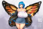  1girl bangs bare_shoulders black_jacket blue_hair blush breasts butterfly_wings covered_nipples cowboy_shot denim denim_skirt erkaz eyebrows_visible_through_hair gigantic_breasts highres holding jacket open_mouth original red_eyes rina_atherina skirt smile solo spray_can spray_paint wings 