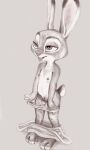  absurd_res anthro bodily_fluids bottomwear breasts clothed clothing disney feet female fuchs fur genital_fluids genitals grey_body grey_fur hi_res in_heat judy_hopps lagomorph legwear leporid mammal monochrome nipples panties pants pants_down partially_clothed plump_labia presenting presenting_pussy purple_eyes pussy pussy_juice rabbit simple_background small_breasts solo sweat toes tongue tongue_out traditional_media_(artwork) underwear undressing zootopia 
