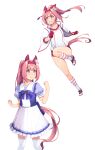  1girl absurdres animal_ears bow bowtie buruma ear_bow ear_covers flower-shaped_pupils flower_in_eye frilled_skirt frills gloves gym_uniform haru_urara_(umamusume) headband hiememiko highres horse_ears horse_girl horse_tail horseshoe_ornament jacket pink_eyes pink_hair pleated_skirt puffy_short_sleeves puffy_sleeves purple_neckwear purple_shirt red_buruma red_gloves red_headband sailor_collar sailor_shirt school_uniform serafuku shirt short_sleeves skirt smile solo symbol_in_eye tail thighhighs tracen_school_uniform track_jacket umamusume white_jacket white_legwear white_skirt 