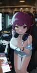  1girl absurdres ahoge bad_id bad_pixiv_id bare_shoulders bracelet breasts commentary fang headphones headphones_around_neck heterochromia highres hololive houshou_marine indoors jewelry keyboard_(computer) large_breasts looking_at_viewer mouse_(computer) off_shoulder parted_lips phone red_eyes red_hair sitting sweatdrop tonki two_side_up virtual_youtuber yellow_eyes 
