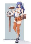  1girl bird blue_eyes blue_hair blush breasts cleavage commission employee_uniform feh_(fire_emblem_heroes) fire_emblem fire_emblem_awakening fire_emblem_heroes hair_between_eyes highres hooters long_hair looking_at_viewer lucina_(fire_emblem) no_legwear owl short_shorts shorts simple_background smile solo tank_top tiara uniform vialnite 