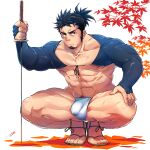  1boy abs bara bulge commentary_request full_body fundoshi highres japanese_clothes large_pectorals long_sideburns looking_at_viewer male_cleavage male_focus mature_male muscular muscular_male navel navel_hair nipple_slip nipples original pectorals planted_sword planted_weapon reward_available sandals scar scar_across_eye scar_on_chest scar_on_leg scar_on_stomach short_hair shrug_(clothing) sideburns simple_background skin_tight solo squatting stomach sword thick_thighs thighs tptptpn weapon white_background white_male_underwear 