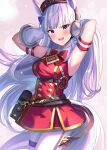  1girl ame_sagari belt belt_pouch black_belt blush cowboy_shot dress eyebrows_visible_through_hair gloves gold_ship_(umamusume) hat highres long_hair mini_hat open_mouth pillbox_hat pouch purple_eyes red_dress silver_hair sleeveless sleeveless_dress smile solo umamusume white_gloves 