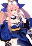  1girl animal_ear_fluff animal_ears bangs bare_shoulders blue_bow blue_kimono blue_legwear bow breasts cleavage detached_sleeves fate/extra fate_(series) fox_ears fox_girl fox_tail hair_between_eyes hair_bow highres japanese_clothes kimono large_breasts long_hair looking_at_viewer obi open_mouth pink_hair sash shocho_(shaojiujiu) sidelocks smile tail tamamo_(fate)_(all) tamamo_no_mae_(fate) thighhighs thighs twintails wide_sleeves yellow_eyes 