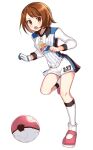  1girl ball bangs blush bob_cut breasts brown_eyes brown_hair collared_shirt commentary english_commentary gloria_(pokemon) gloves gym_challenge_uniform knees number open_mouth pink_footwear pokemon pokemon_(game) pokemon_swsh shirt shoes short_hair shorts single_glove snowsakurachan soccer_ball socks solo tongue upper_teeth white_background white_legwear white_shorts 