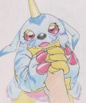  anthro bandai_namco belly blush digimon digimon_(species) duo gabumon hand_holding hi_res horn human looking_at_viewer male mammal red_eyes slightly_chubby tabasukotrr traditional_media_(artwork) 