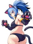  1girl animal_ears ass bangs bell bikini black_swimsuit blue_eyes blue_hair breasts cat_ears cat_paws cat_tail closed_mouth earrings elbow_gloves gloves highres jewelry jingle_bell kara_age large_breasts legs leona_heidern looking_at_viewer necklace nipples o-ring o-ring_bottom paw_pose paws ponytail red_eyes sideboob snk_heroines:_tag_team_frenzy solo swimsuit tail the_king_of_fighters twisted_torso white_background 