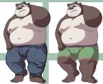  00murice 2021 anthro belly black_body black_fur black_nose bottomwear clothing fur giant_panda humanoid_hands kemono male mammal moobs navel nipples overweight overweight_anthro overweight_male pants solo underwear ursid white_body white_fur 