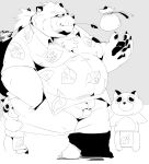  2021 anthro apron bottomwear canid canine clothing group gyobu hi_res humanoid_hands kemono leaf male mammal overweight overweight_male raccoon_dog shirt shorts sigenoya sketch takotyutyu tanuki tokyo_afterschool_summoners topwear video_games 