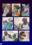  5_fingers absurd_res angry anthro apron arm_grab asking_to_stop black_hair blaug_(vju79) blood blood_on_mouth blood_splatter blue_clothing blue_eyes blue_shirt blue_topwear bob_(vju79) bodily_fluids brown_body brown_scales canid canine canis chef_hat clothing comic dialogue dragon english_text fight fingers fist fur gervic_(vju79) green_eyes grey_body grey_fur grimace group growling hair hat headgear headwear hi_res horn intervention male mammal musclegut profanity punch scales scalie serious shirt shut_up simple_eyes sound_effects tank_top tears text topwear tusks uppercut violence vju79 white_hair wingless_dragon wolf yelling yellow_sclera 
