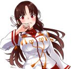  1girl blouse breasts brown_hair commentary_request dress_shirt furufuru_fugu hair_ribbon hime_cut hiyou_(kancolle) kantai_collection large_breasts long_hair magatama red_eyes ribbon shirt simple_background solo twitter_username white_background white_ribbon 
