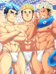  3boys abs alternate_costume bandaid bara blush bulge character_request crossed_arms dark-skinned_male dark_skin feet_out_of_frame frown fundoshi grin highres horns japanese_clothes jiraiya_(tokyo_houkago_summoners) large_pectorals long_sideburns looking_at_viewer male_focus multiple_boys muscular muscular_male navel nipples oni_horns pectorals short_hair sideburns smile stomach thick_thighs thighs toji_(tokyo_houkago_summoners) tokyo_houkago_summoners tptptpn undercut white_male_underwear 