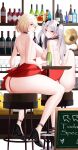  2girls absurdres alcohol ass ass_focus azur_lane bangs bar bar_stool bare_back beads blonde_hair blush breasts clothes_lift collar cup drinking_glass earrings from_behind from_side hair_ribbon hand_on_own_knee high_heels highres jewelry knee_up large_breasts looking_at_viewer looking_back multiple_girls no_panties parted_lips prinz_eugen_(azur_lane) red_skirt ribbon roon_(azur_lane) roon_(muse)_(azur_lane) short_hair sideboob sitting skirt skirt_lift smile stool thick_thighs thighs topless twintails white_hair wine_glass yomare 