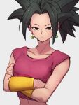  1girl black_hair brown_eyes closed_mouth collarbone crossed_arms dragon_ball dragon_ball_super earrings grey_background jewelry kefla_(dragon_ball) kemachiku looking_at_viewer potara_earrings short_hair simple_background solo upper_body 