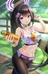  1girl bangs bare_shoulders black_hair black_pants blue_archive bottle breasts choker commentary_request earphones emanon123 flower green_choker hair_flower hair_ornament hair_scrunchie halo high_ponytail highres holding holding_bottle holding_earphones large_breasts long_hair navel open_mouth outdoors pants purple_belt purple_eyes purple_scrunchie scrunchie sidelocks sports_bra stomach sumire_(blue_archive) sunglasses sweat sweatband tight tree very_long_hair water_bottle white_sports_bra yoga_pants 