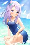  1girl animal_ears aqua_ribbon bare_arms bare_legs bare_shoulders blue_swimsuit blush closed_mouth collarbone day ear_ribbon eyebrows_visible_through_hair highres horse_ears horse_girl horse_tail long_hair looking_at_viewer mejiro_mcqueen_(umamusume) ocean one-piece_swimsuit purple_eyes purple_hair ribbon saki_usagi signature solo swimsuit tail umamusume 